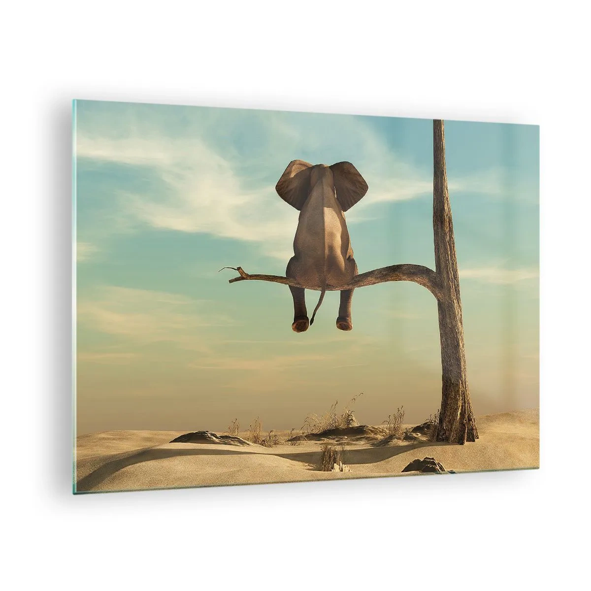 Üveg kép - Egy elefánt egy faágon szürreális környezetben - 70x50cm - Egy új nézőpont - Modern fali dekoráció nappalihoz és hálószobához ARTTOR