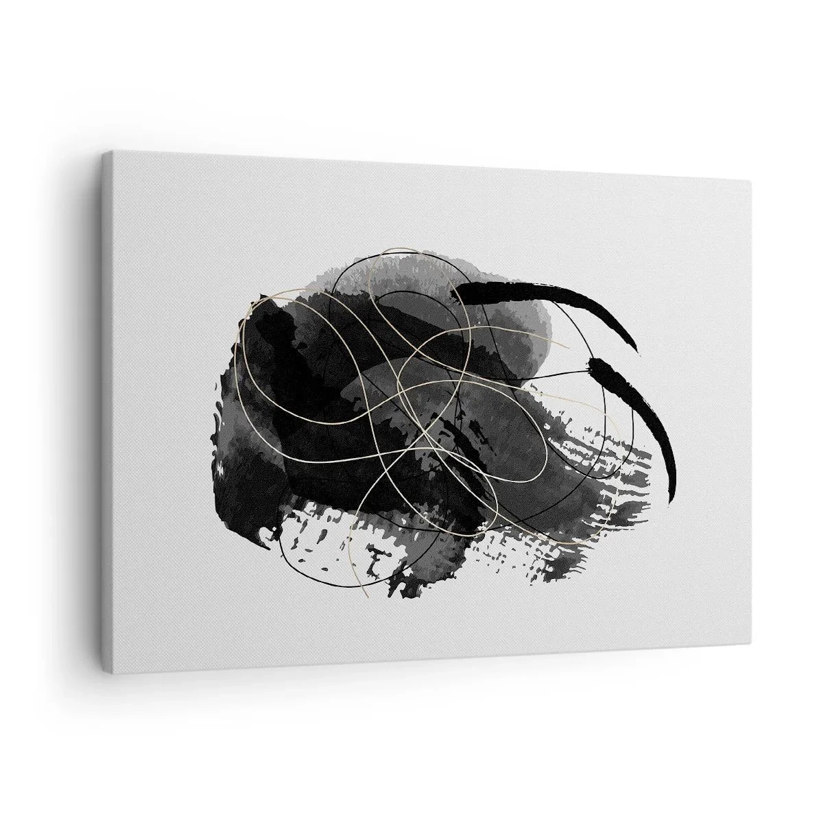 Vászonkép - Absztrakció fekete és arany színben, fehér alapon - 70x50cm - Feketéből készült - Modern fali dekoráció nappalihoz és hálószobához ARTTOR