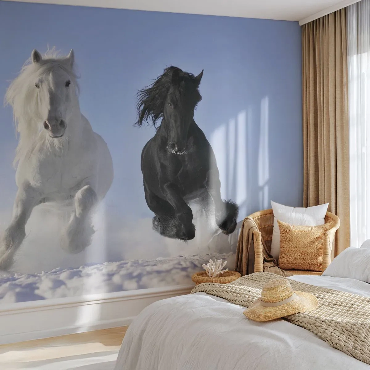 Fotótapéta Premium Sand - Fekete-fehér galopp - Állatok, Ló, Téli - 100x70 cm