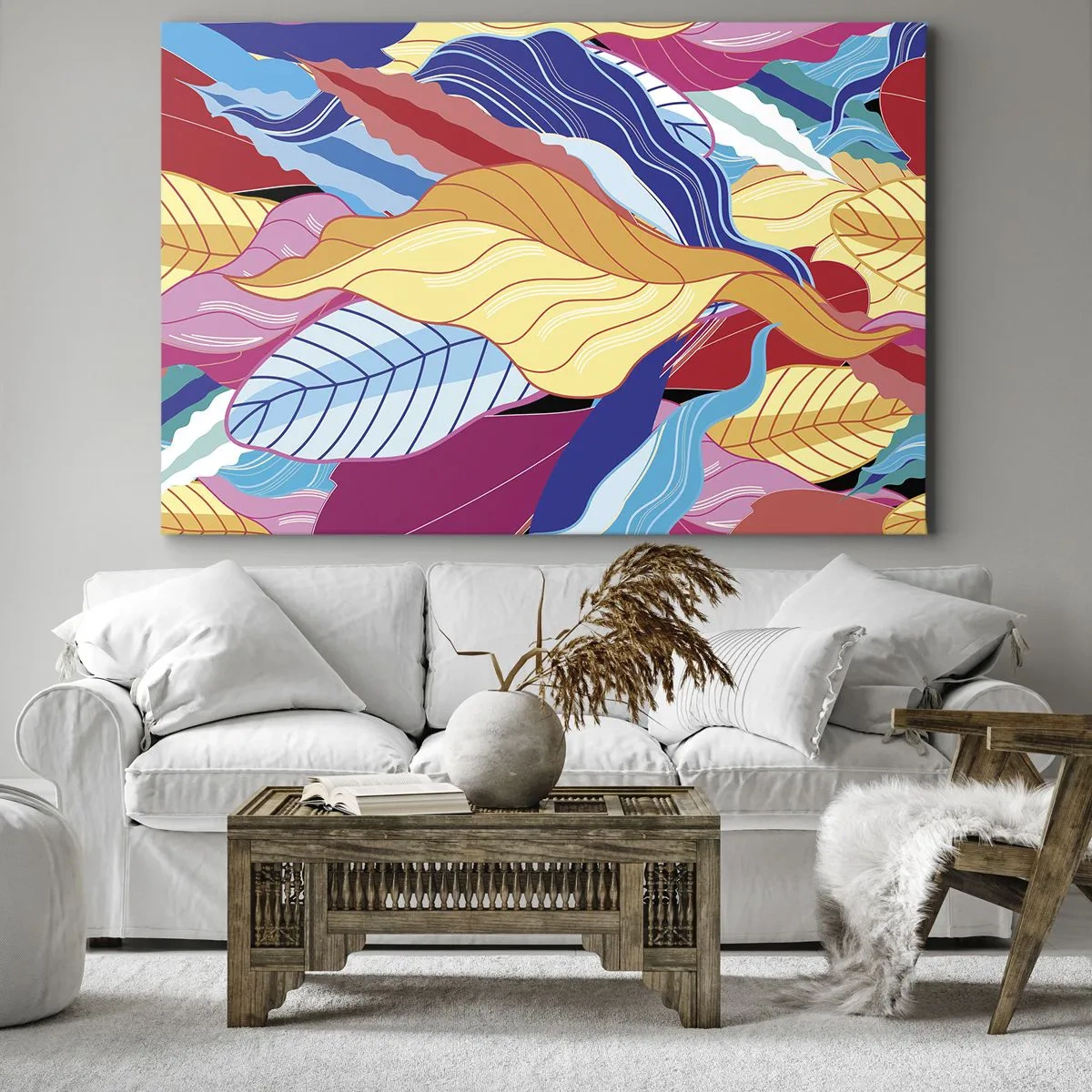 Vászonkép - Az élénk színű levelek dinamikus kompozíciót hoznak létre - 70x50cm - Színes rendetlenség - Modern fali dekoráció nappalihoz és hálószobához ARTTOR