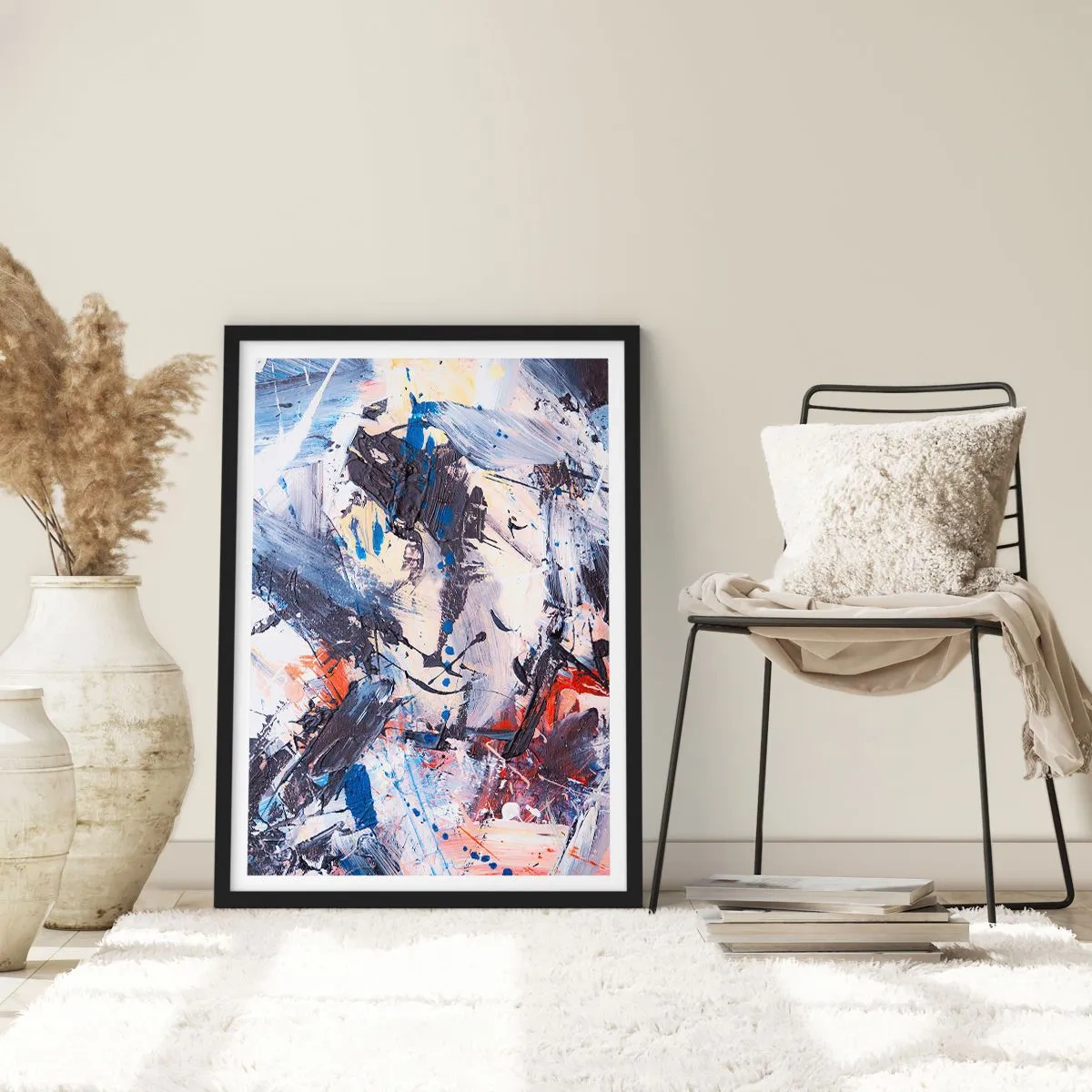 Poszter fehér keretben - Absztrakt kompozíció kék és narancs árnyalatokban - 50x70cm - Őrült absztrakt tánc - Modern fali dekoráció nappalihoz és hálószobához ARTTOR