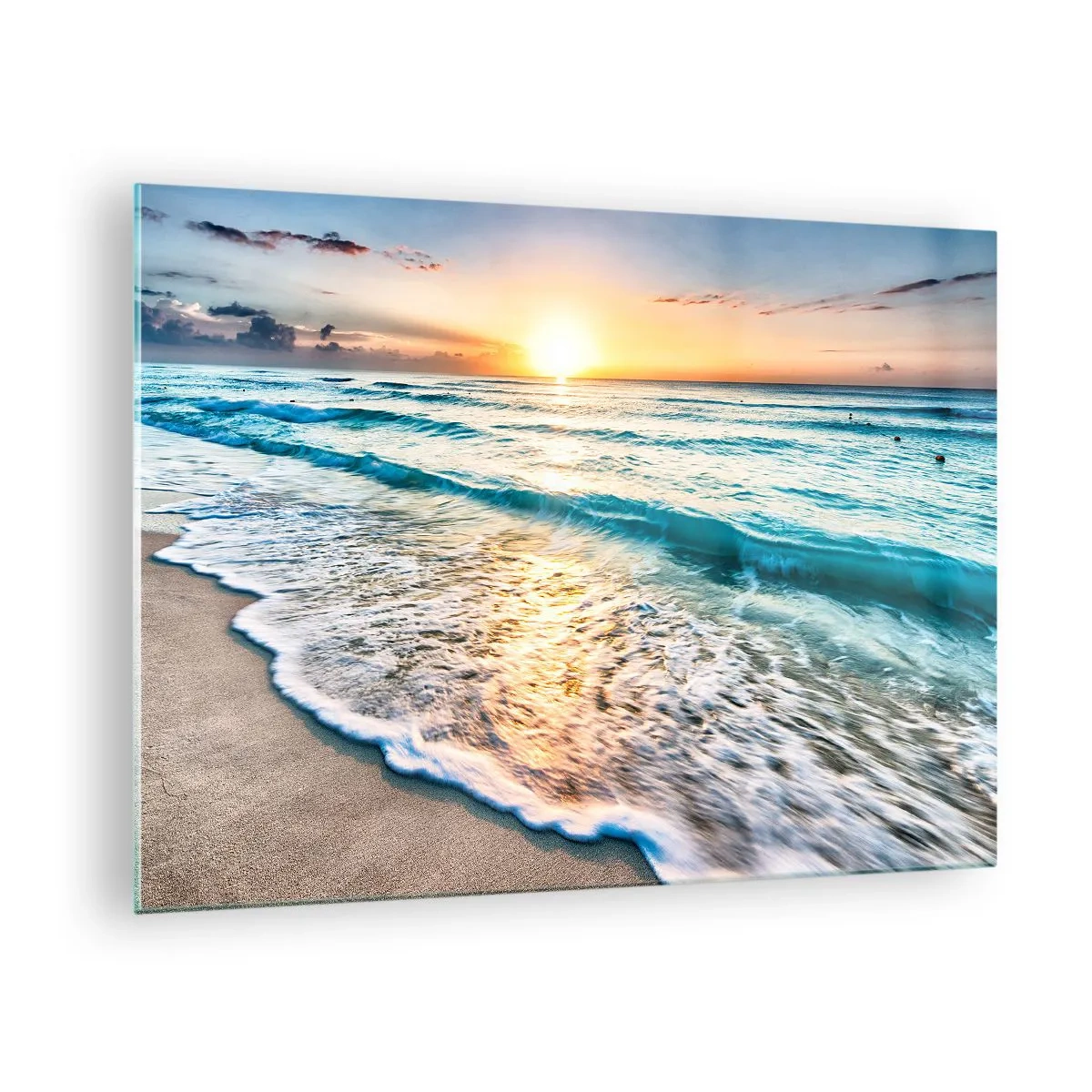 Üveg kép - Strand reggel hullámokkal és napfelkeltével - 70x50cm - Érdemes megnézni - Modern fali dekoráció nappalihoz és hálószobához ARTTOR