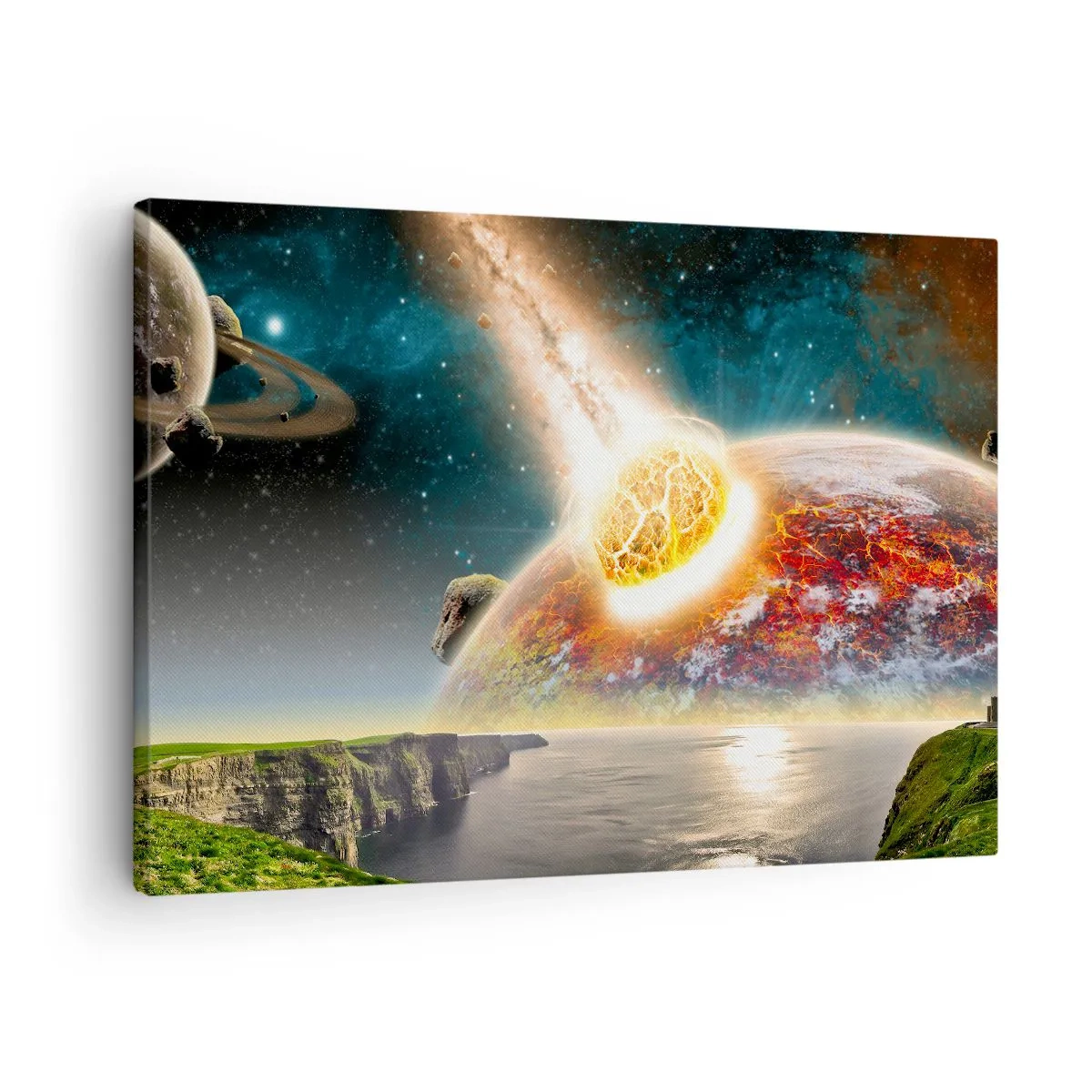 Vászonkép - Egy meteorit ütközik egy bolygóval egy kozmikus tájban. - 70x50cm - Kozmikus dráma - Modern fali dekoráció nappalihoz és hálószobához ARTTOR
