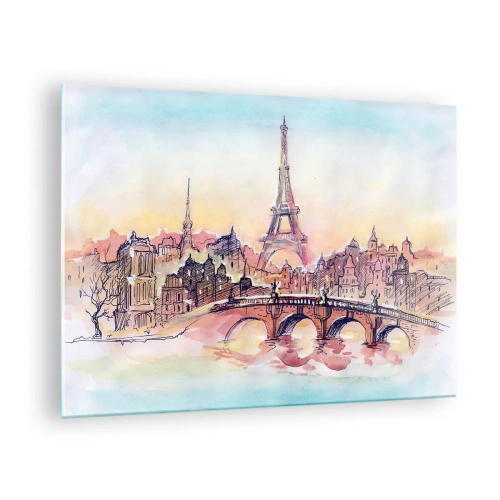 Üveg kép - Párizs panorámája az Eiffel-toronnyal finom akvarell stílusban - 70x50cm - Az egyetlen ilyen város a világon - Modern fali dekoráció nappalihoz és hálószobához ARTTOR