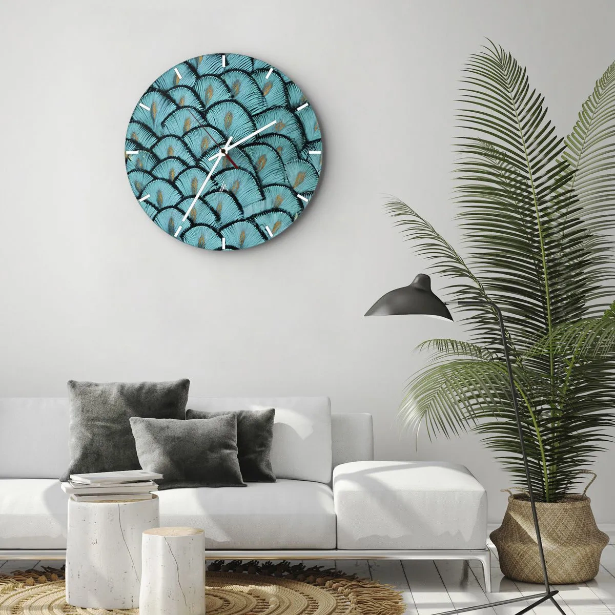 Falióra, Óra - Türkiz pávatollak közeli képe dekoratív elrendezésben. - 30x30cm - A tollak nagy gálája - Modern fali dekoráció nappalihoz, konyhához és hálószobához ARTTOR