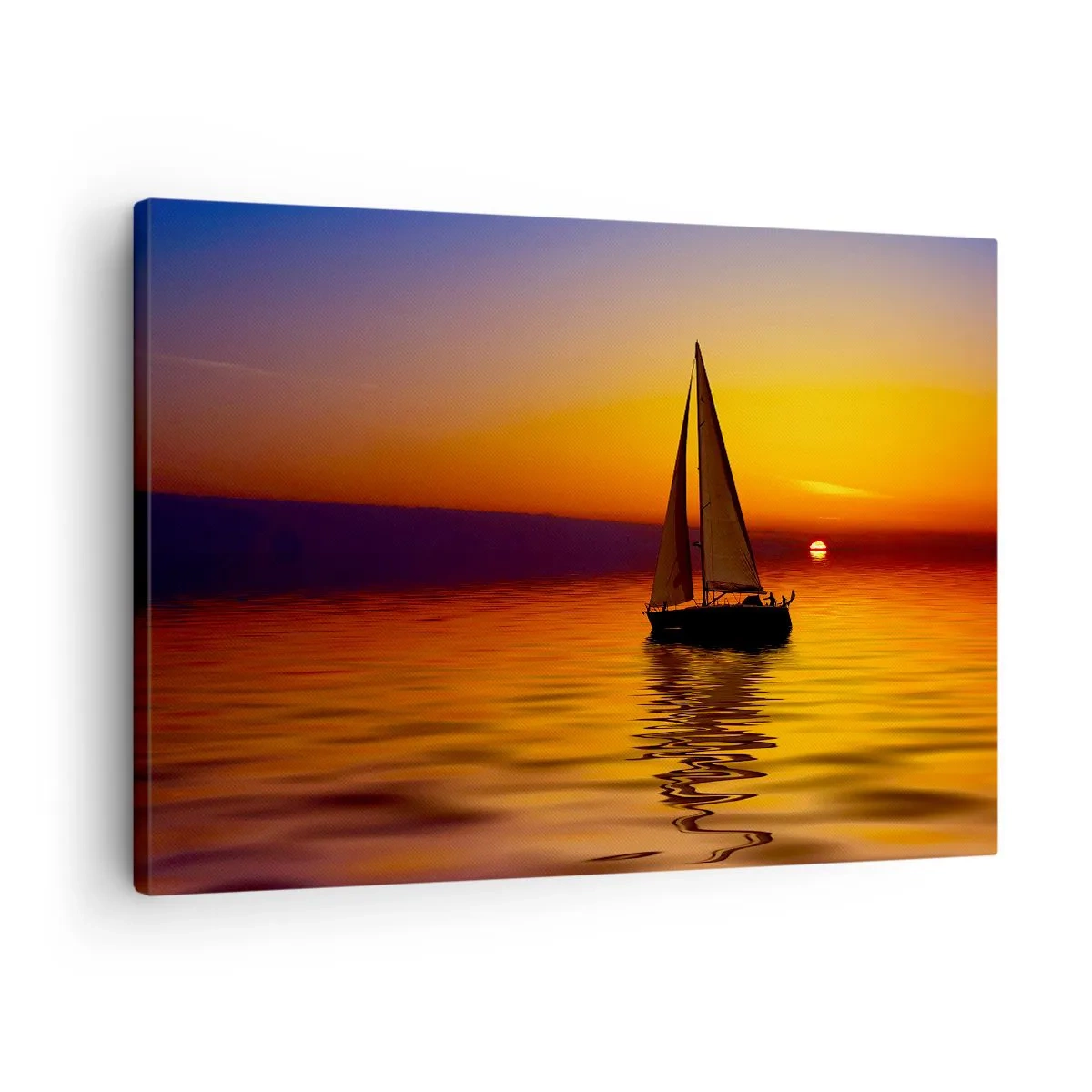 Vászonkép - Egy vitorlás a nyugodt tengeren naplementekor - 70x50cm - Csendesek a hajnalok... - Modern fali dekoráció nappalihoz és hálószobához ARTTOR