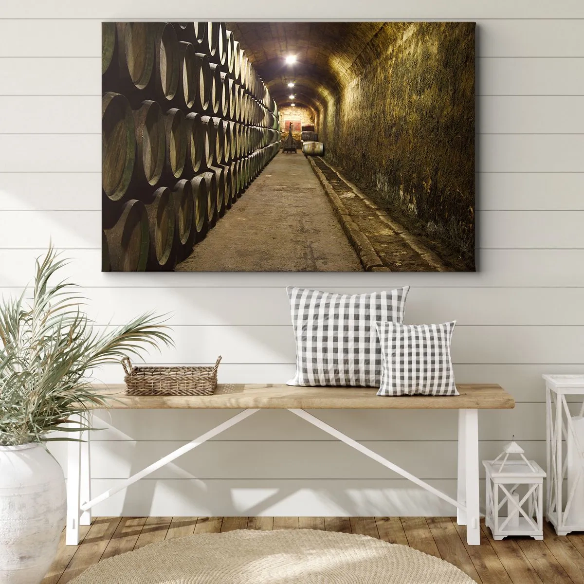 Vászonkép - Egy pince sorokba rendezett fa boroshordókkal - 70x50cm - Jó lefeküdni - Modern fali dekoráció nappalihoz és hálószobához ARTTOR