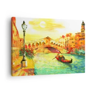 Vászonkép - Egy festői híd a csatorna felett egy gondolával a lenyugvó nap fényében - 70x50cm - A szerelmesek zarándok útja - Modern fali dekoráció nappalihoz és hálószobához ARTTOR