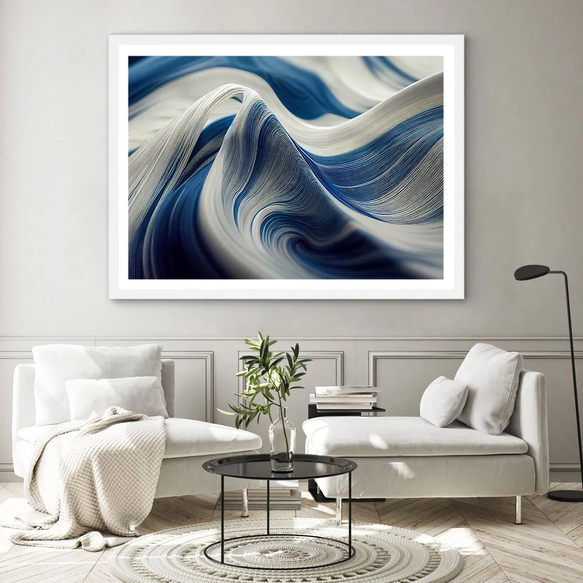 Poszter fekete keretben - Kék és fehér folyékonysága - 70x50 cm