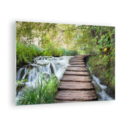 Üveg kép - Egy híd az erdőben egy patak felett - 70x50cm - A víz egyáltalán nem csendes - Modern fali dekoráció nappalihoz és hálószobához ARTTOR