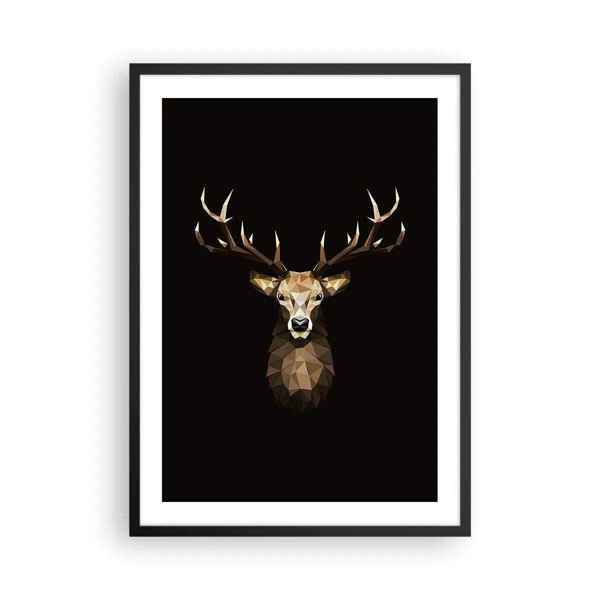 Poszter fehér keretben - Geometrikus kép egy szarvasról fekete háttéren - 50x70cm - Kubista szarvas - Modern fali dekoráció nappalihoz és hálószobához ARTTOR