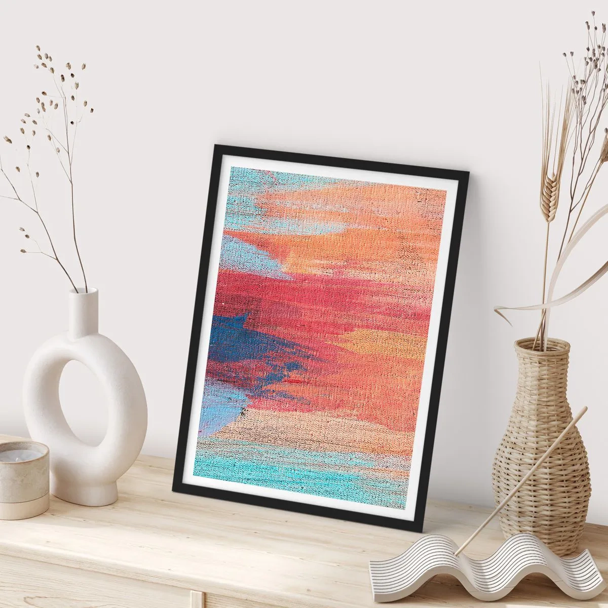 Poszter fehér keretben - Absztrakt ecsetvonások meleg és hideg tónusokban - 50x70cm - Szivárványon  kiúszva - Modern fali dekoráció nappalihoz és hálószobához ARTTOR