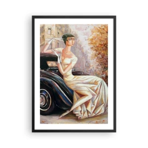 Poszter fehér keretben - Elegáns nő egy retró autó mellett festői stílusban - 50x70cm - Elegancia retro stílusban - Modern fali dekoráció nappalihoz és hálószobához ARTTOR