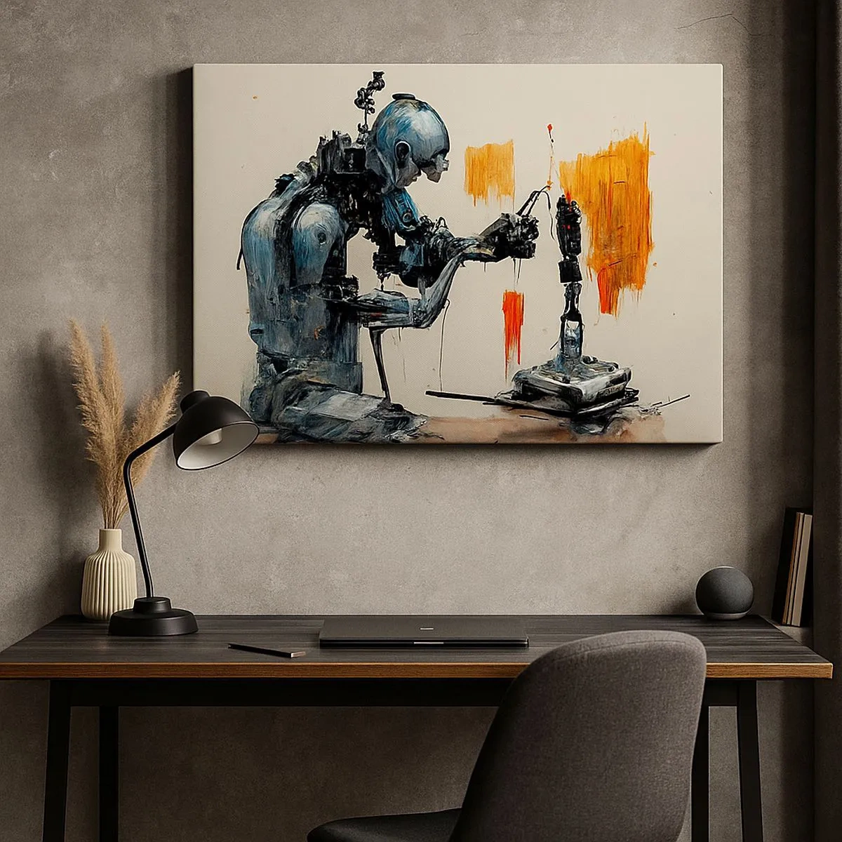 Vászonkép - Robot dolgozik absztrakt háttérrel - 70x50cm - Már holnap... - Modern fali dekoráció nappalihoz és hálószobához ARTTOR