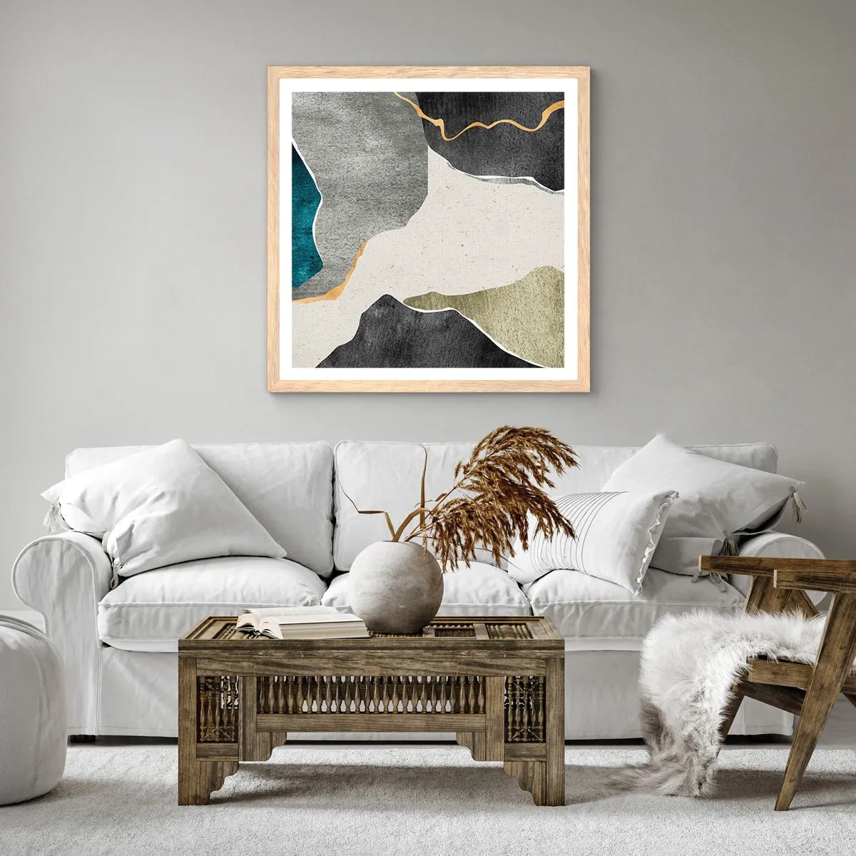 Poszter világos tölgy keretben - Mozaik kompozíció aranyszállal - 60x60 cm