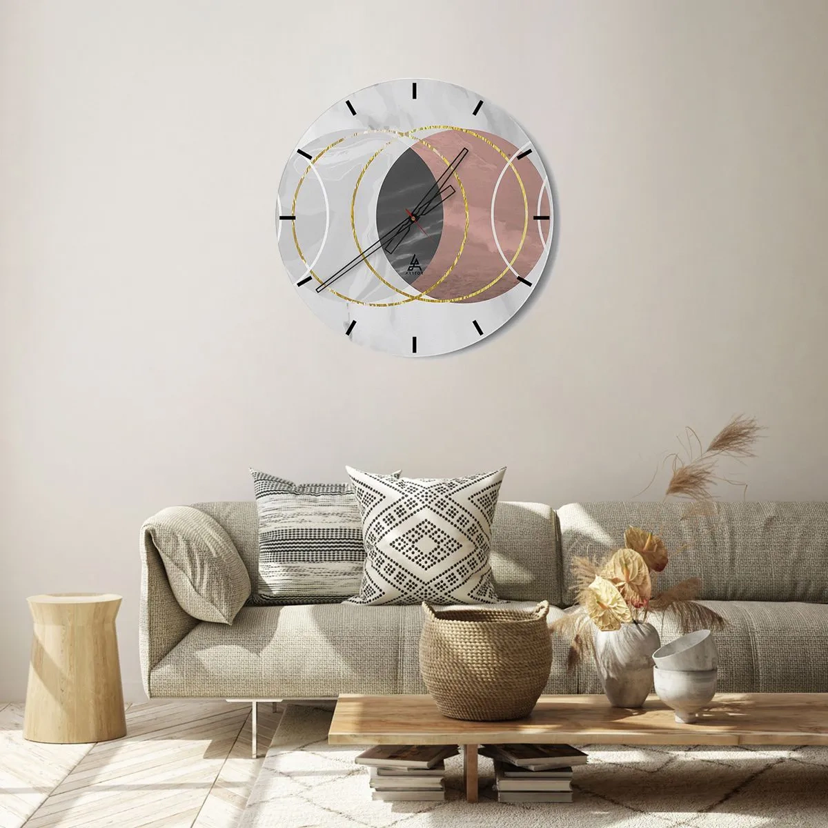 Falióra, Óra - Szürke és réz árnyalatú geometrikus körök arany díszítéssel - 30x30cm - A szférák zenéje - Modern fali dekoráció nappalihoz, konyhához és hálószobához ARTTOR