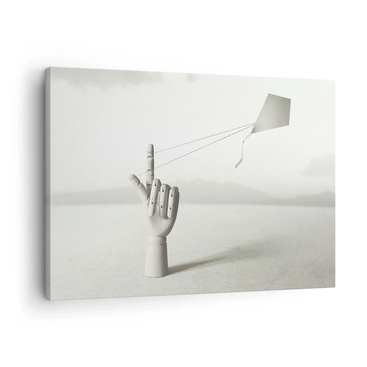 Vászonkép - Egy minimalista fa kéz sárkányrepülővel tájkép hátterében. - 70x50cm - Erőpróba - Modern fali dekoráció nappalihoz és hálószobához ARTTOR
