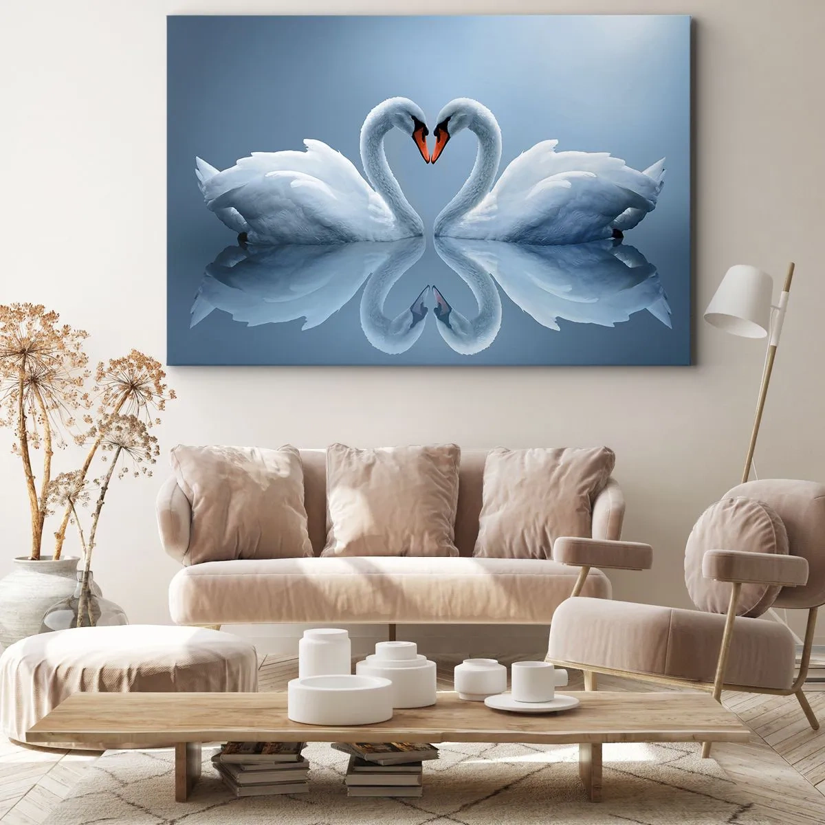Vászonkép - Két hattyú szívet formál a nyugodt víz felszínén - 70x50cm - Itt az ideje a szerelemnek - Modern fali dekoráció nappalihoz és hálószobához ARTTOR