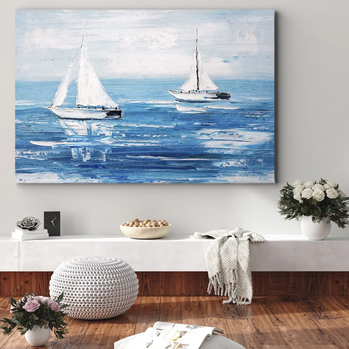 Vászonkép - Jachtok a kék tengeren művészi stílusban - 70x50cm - Egy barátoddal az oldaladon - Modern fali dekoráció nappalihoz és hálószobához ARTTOR