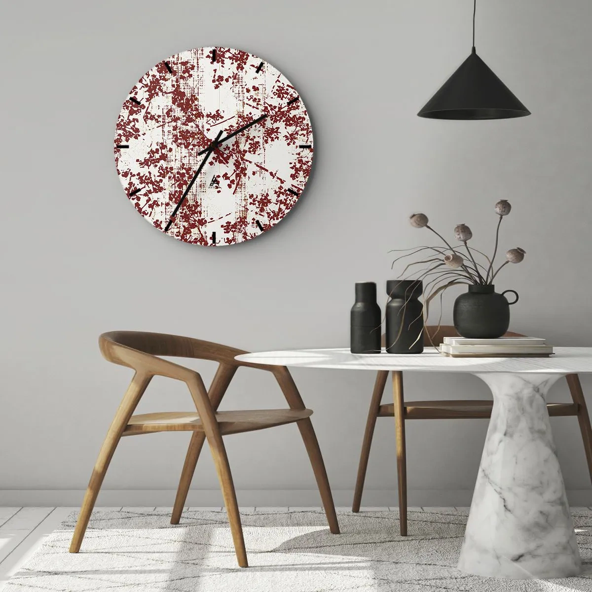 Falióra, Óra - Piros virágmintás fehér alapon vintage stílusban - 30x30cm - Mint egy régi perkál - Modern fali dekoráció nappalihoz, konyhához és hálószobához ARTTOR
