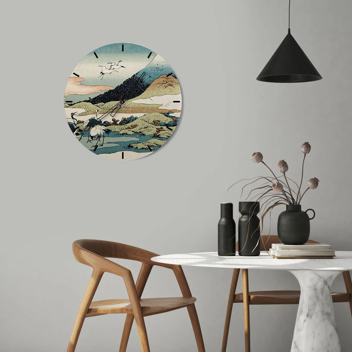 Falióra, Óra - Japán jelenet madarakkal egy hegyvidéki táj előtt - 30x30cm - Japán lélekben - Modern fali dekoráció nappalihoz, konyhához és hálószobához ARTTOR