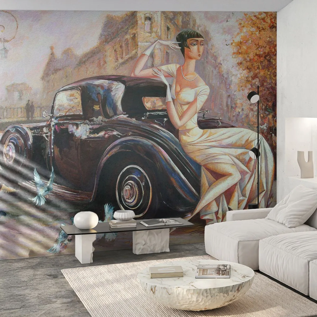 Fotótapéta Premium Canvas - Elegancia retro stílusban - Retro autó, Nő, Palota - 200x140 cm