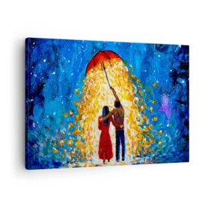 Vászonkép - Egy pár egy piros esernyő alatt a világító esőben - 70x50cm - Egy esős este varázsa? - Modern fali dekoráció nappalihoz és hálószobához ARTTOR