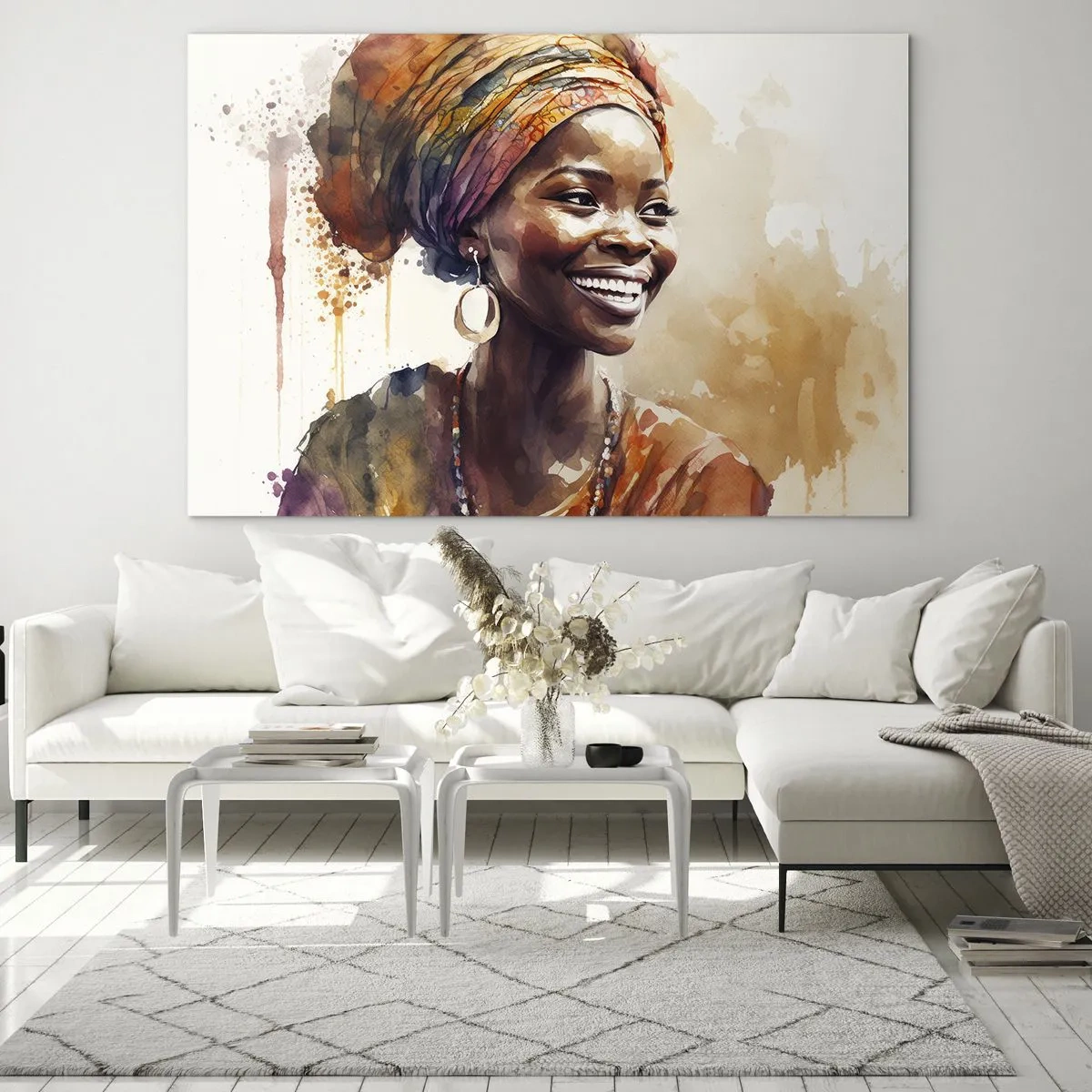 Üveg kép - Akvarell portré egy mosolygós turbános nőről - 70x50cm - Afrikai királynő - Modern fali dekoráció nappalihoz és hálószobához ARTTOR