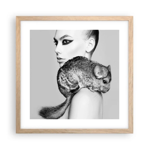 Poszter világos tölgy keretben - Hölgy csincsillával - 40x40 cm