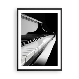 Poszter fehér keretben - Zongora billentyűzet fekete-fehér közeli képe - 50x70cm - A formák és színek harmóniája - Modern fali dekoráció nappalihoz és hálószobához ARTTOR