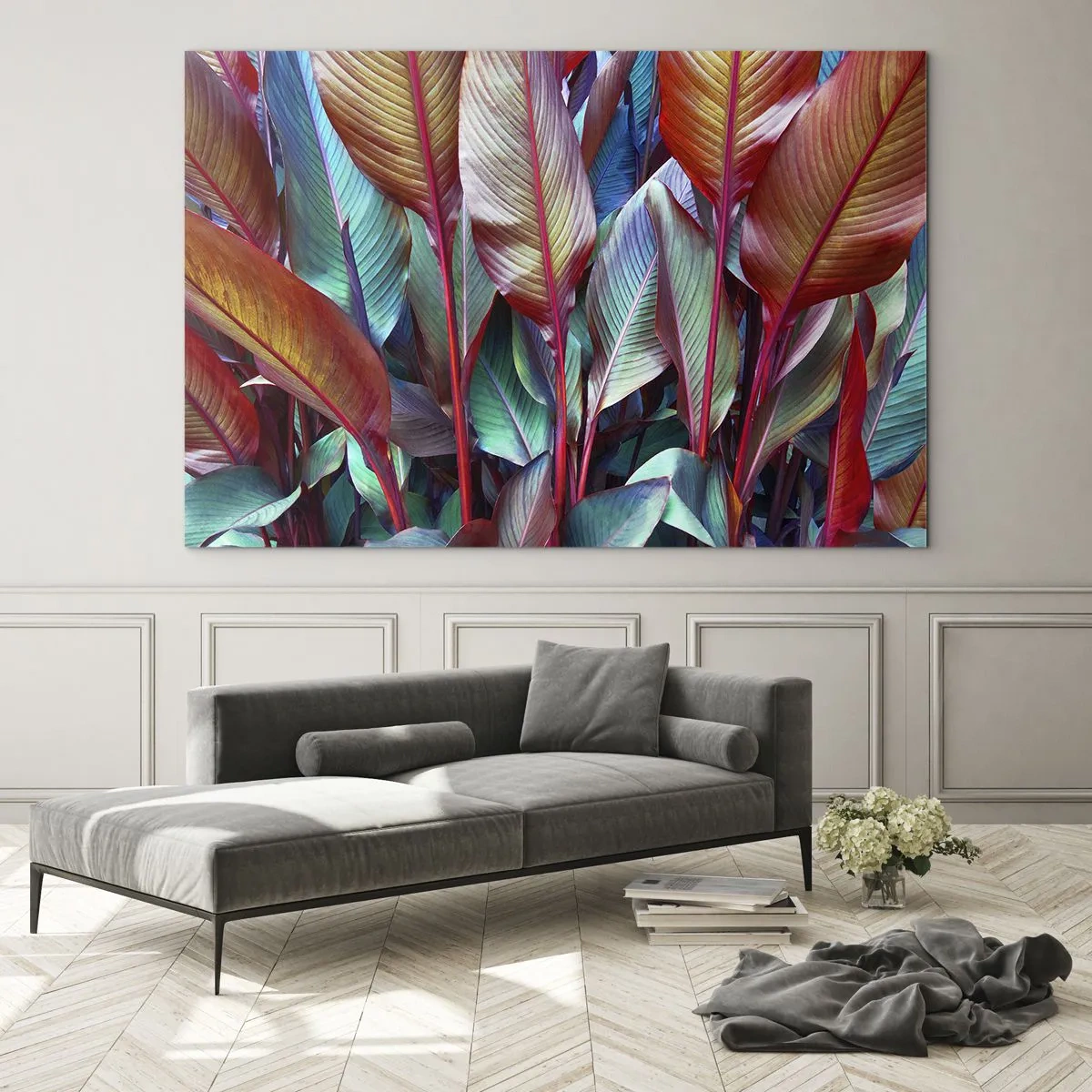 Üveg kép - Színes levelek sűrűje vörös, zöld és lila árnyalatokban - 70x50cm - Egy színes sűrű - Modern fali dekoráció nappalihoz és hálószobához ARTTOR