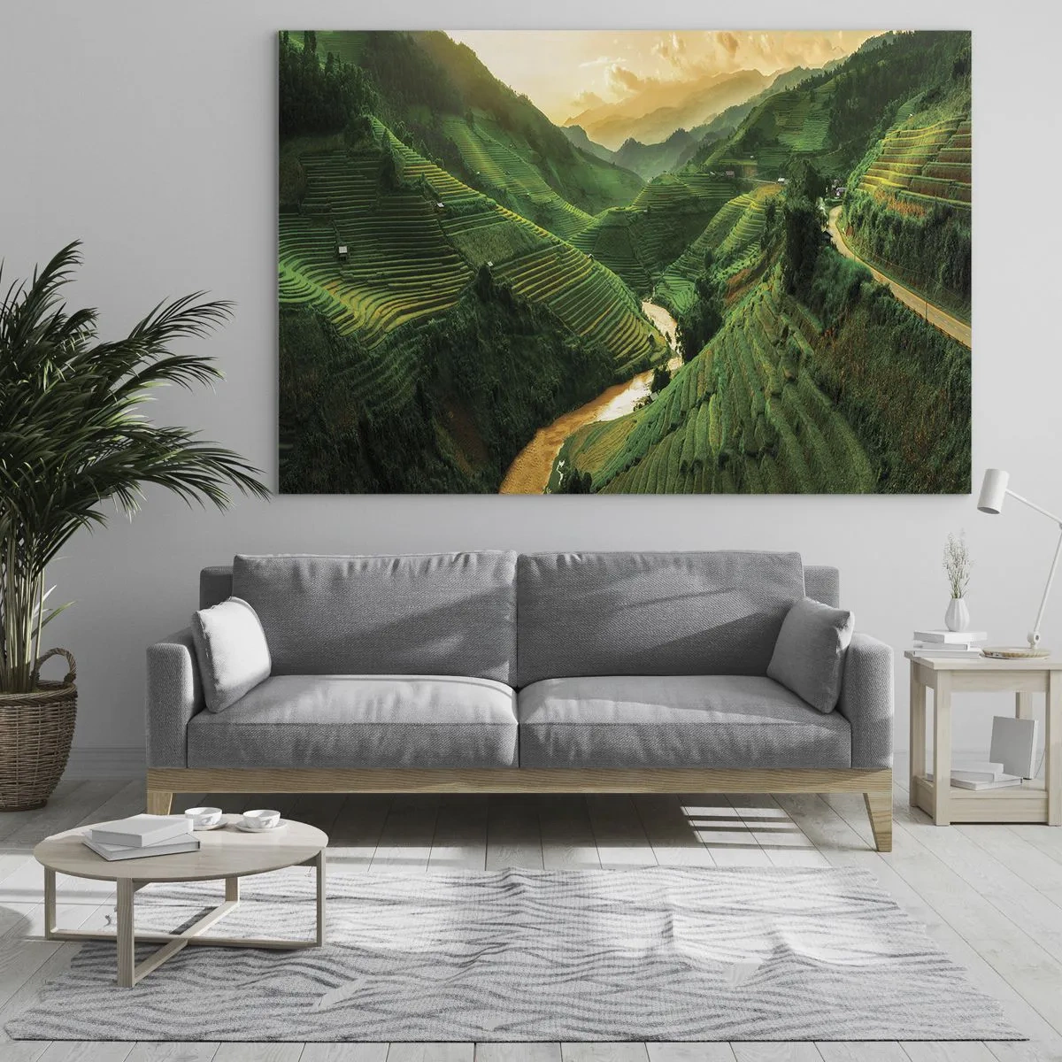 Üveg kép - Festői rizsteraszok a völgyben naplementekor - 70x50cm - Vietnámi völgy - Modern fali dekoráció nappalihoz és hálószobához ARTTOR