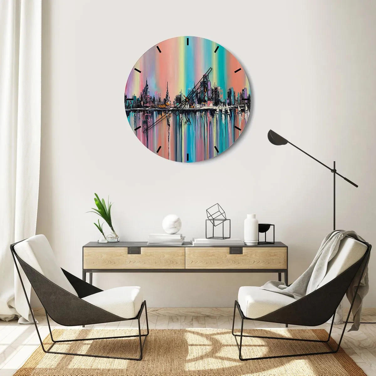 Falióra, Óra - Egy színes városi panoráma tükröződik a vízben - 30x30cm - Lejönni az éjszaka fényében - Modern fali dekoráció nappalihoz, konyhához és hálószobához ARTTOR