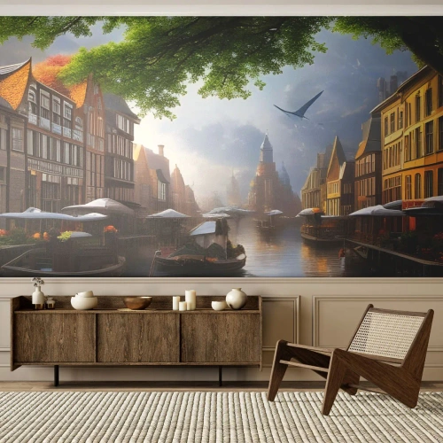 Fotótapéta Premium Sand - Holland városkép - Óváros, Csónakok, Csatorna - 200x140 cm