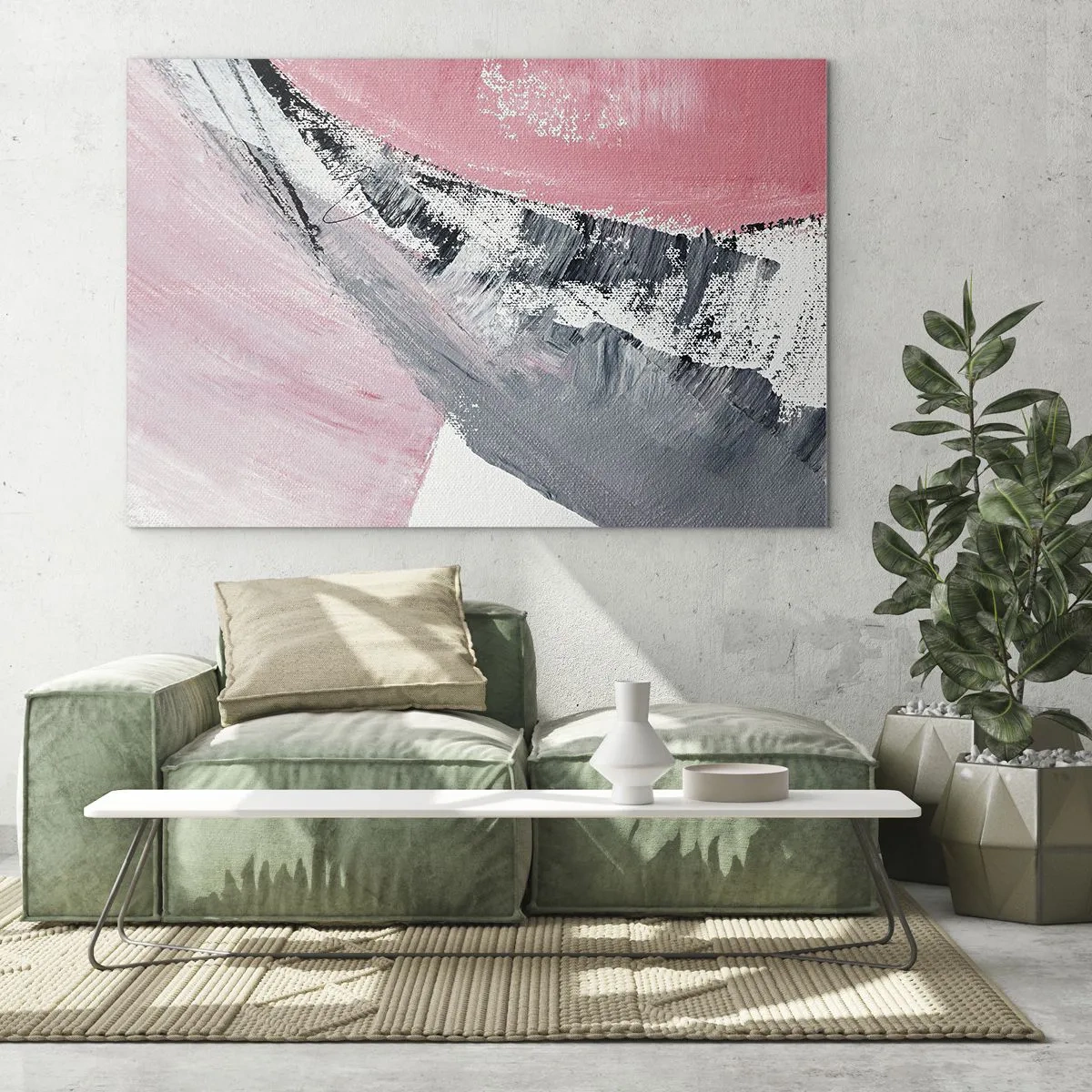 Üveg kép - Modern absztrakció rózsaszínben, fehérben és szürkeben, ecsetvonás-textúrával - 70x50cm - Hozzáillő kompozíció - Modern fali dekoráció nappalihoz és hálószobához ARTTOR