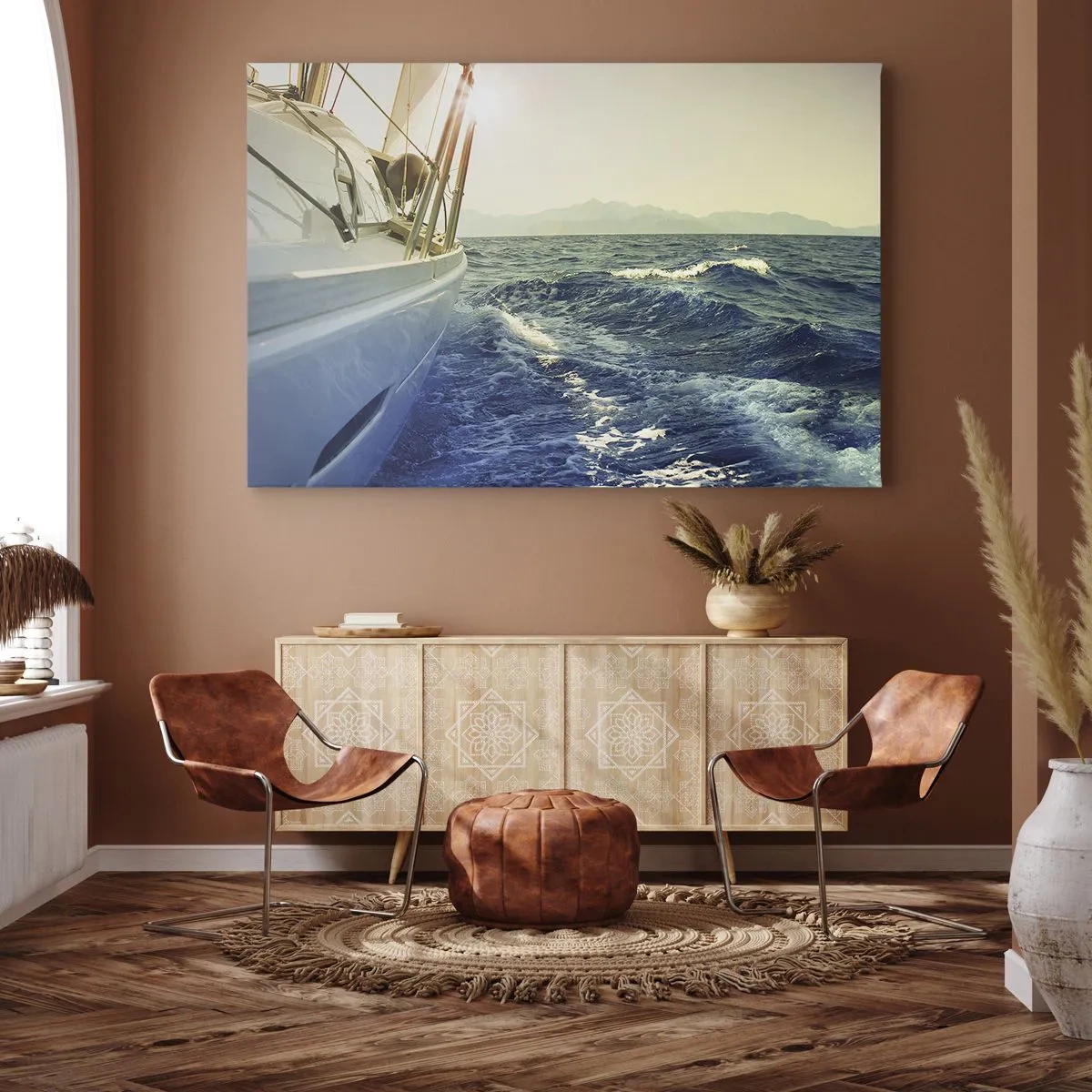 Vászonkép - Egy jacht a nyílt tengeren, kilátással a hullámokra - 70x50cm - A kalandhoz - Modern fali dekoráció nappalihoz és hálószobához ARTTOR