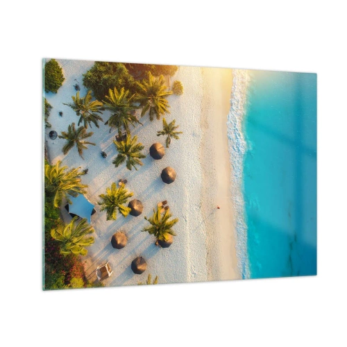 Üveg kép - Légifelvétel egy trópusi strandról pálmafákkal és napernyőkkel - 70x50cm - Üdvözöljük a paradicsomban - Modern fali dekoráció nappalihoz és hálószobához ARTTOR