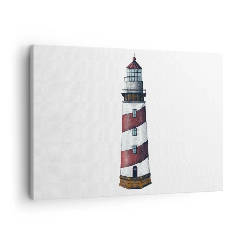 Vászonkép - Egy rajzfilmfigura egy világítótoronyról, piros és fehér csíkokkal, minimalista háttérrel. - 70x50cm - Mindig résen - Modern fali dekoráció nappalihoz és hálószobához ARTTOR