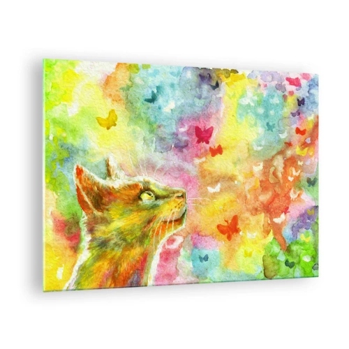 Üveg kép - Egy macska színes pillangókat figyel pasztell háttérrel. - 70x50cm - Baju-baju a macskaparadicsomban - Modern fali dekoráció nappalihoz és hálószobához ARTTOR