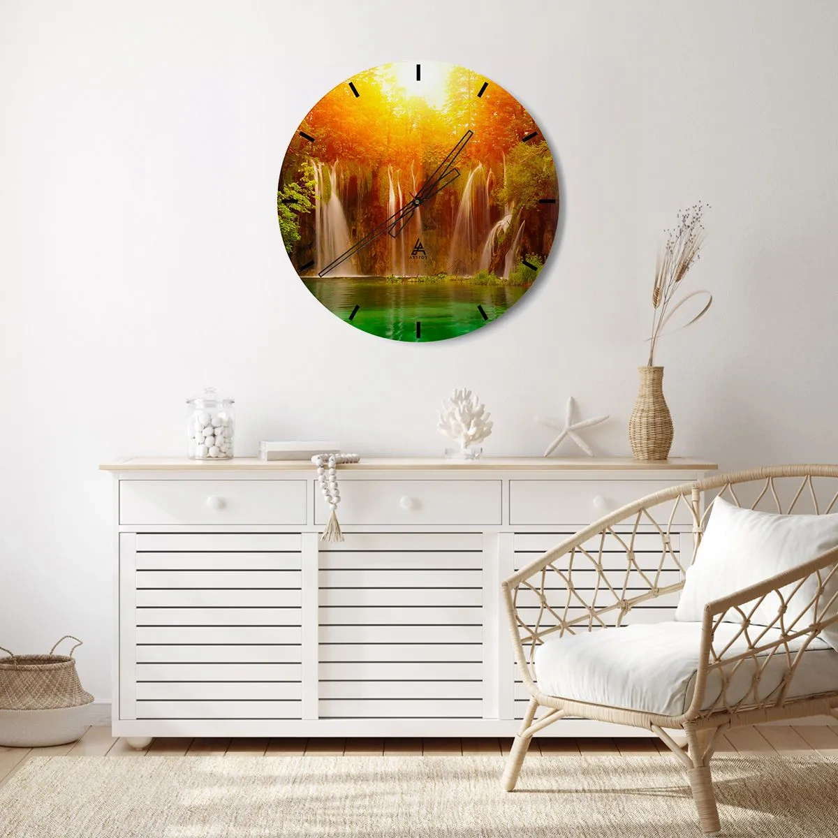 Falióra, Óra - Festői vízesések a lenyugvó nap fényében - 30x30cm - A napon és az árnyékban - Modern fali dekoráció nappalihoz, konyhához és hálószobához ARTTOR