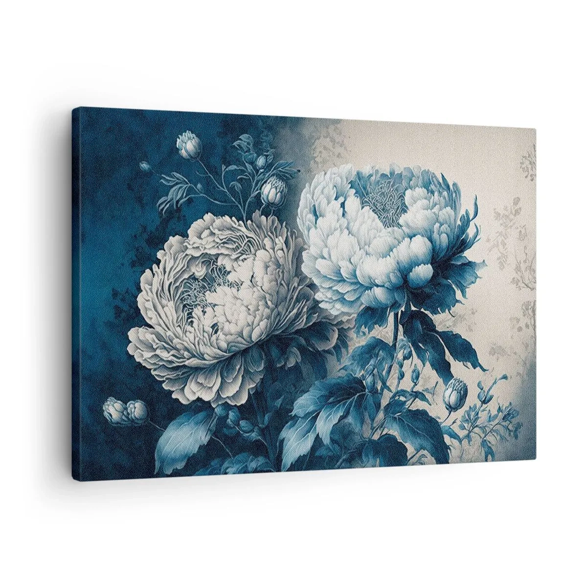 Vászonkép - Kék pünkösdi rózsák finom mintázatú, finom háttéren - 70x50cm - Egy jól összeillő pár - Modern fali dekoráció nappalihoz és hálószobához ARTTOR