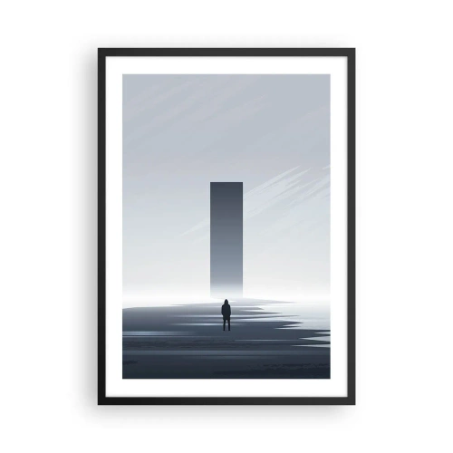 Poszter fehér keretben - Minimalista jelenet egy titokzatos, hideg tónusú monolittal. - 50x70cm - Lehetőség vagy fenyegetés? - Modern fali dekoráció nappalihoz és hálószobához ARTTOR