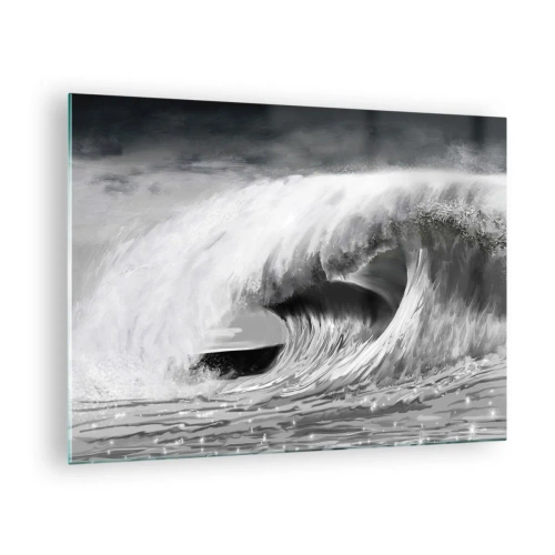 Üveg kép - Egy erőteljes hullám fekete-fehér esztétikában megörökítve - 70x50cm - Az óceán haragja - Modern fali dekoráció nappalihoz és hálószobához ARTTOR