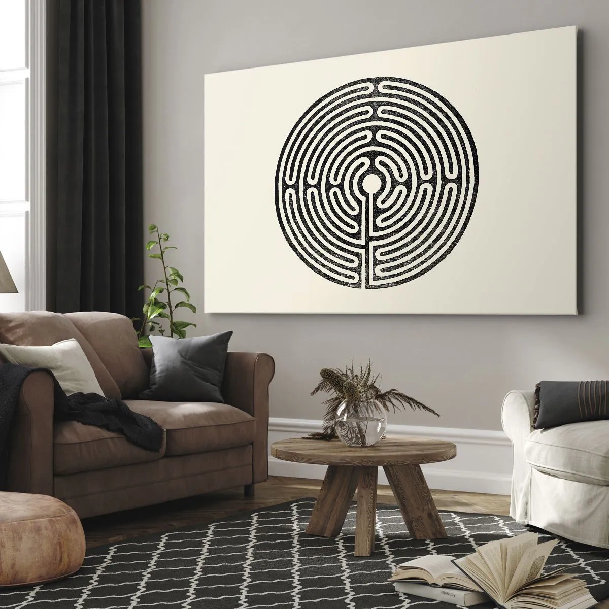Vászonkép - Fekete-fehér kör alakú labirintus világos háttérrel - 70x50cm - Titokzatos rend - Modern fali dekoráció nappalihoz és hálószobához ARTTOR