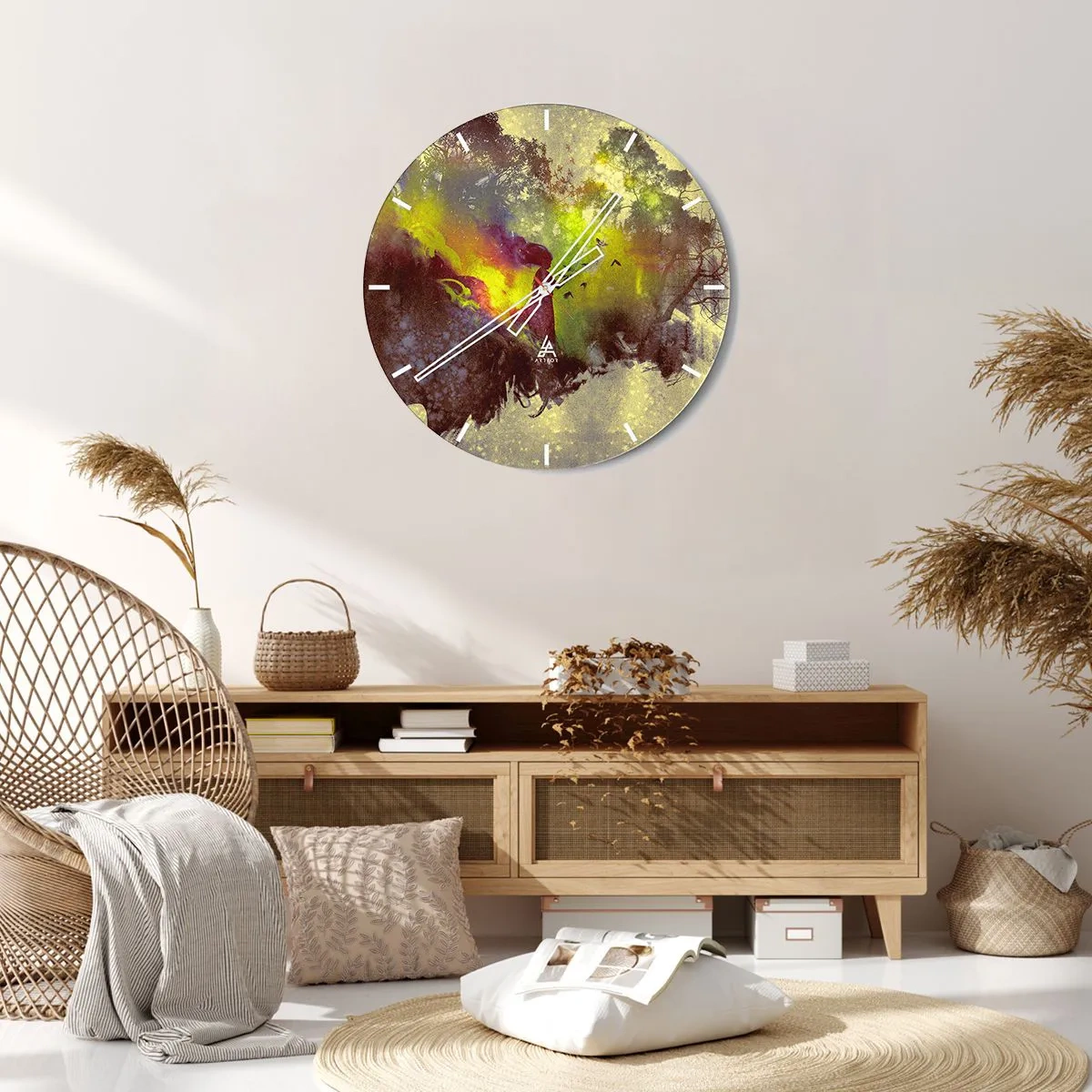 Falióra, Óra - Absztrakt táj természeti elemekkel és színekkel - 30x30cm - Anyatermészet - Modern fali dekoráció nappalihoz, konyhához és hálószobához ARTTOR