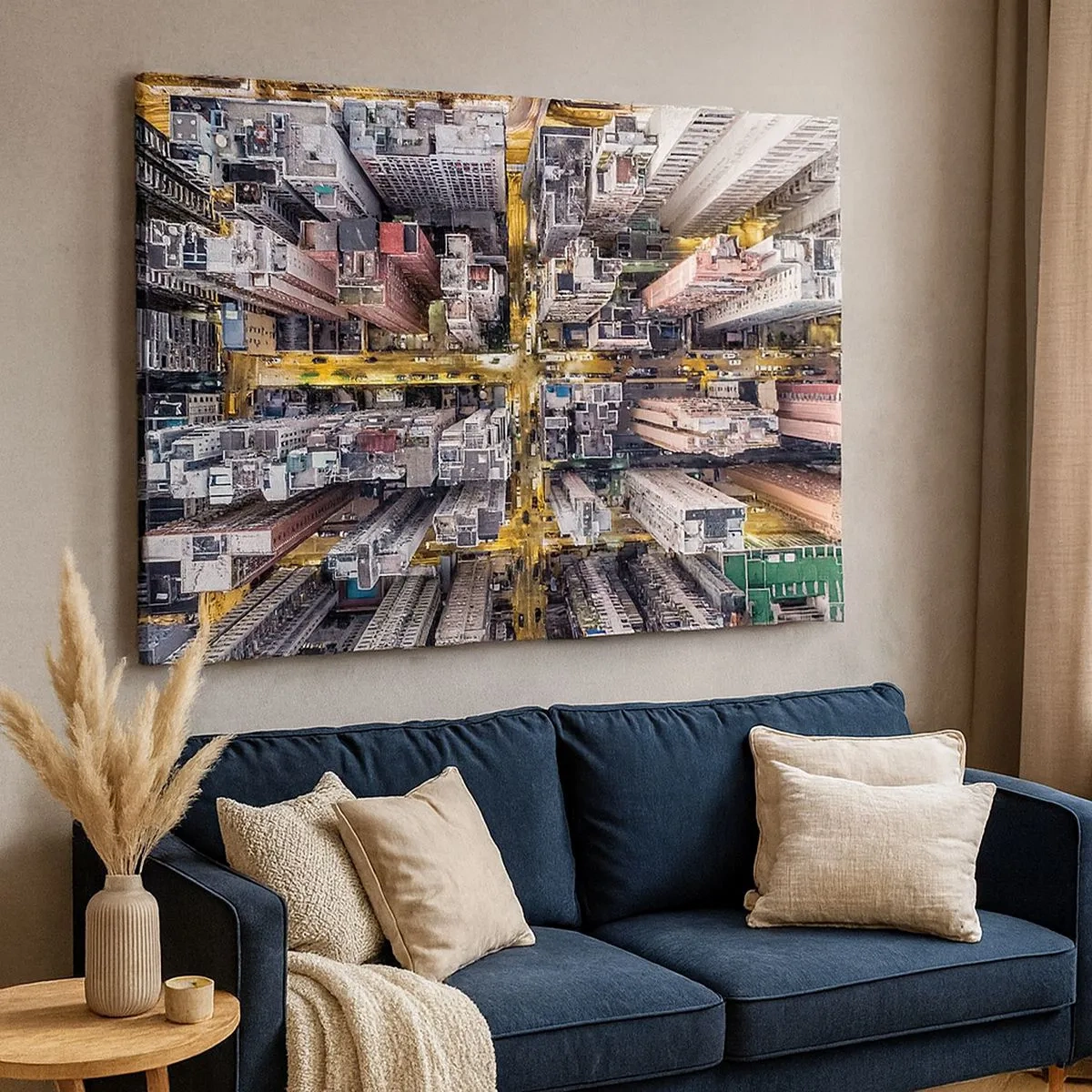 Vászonkép - Madártávlatból egy felhőkarcolókkal teli város - 70x50cm - Üdvözlet Hongkongból - Modern fali dekoráció nappalihoz és hálószobához ARTTOR