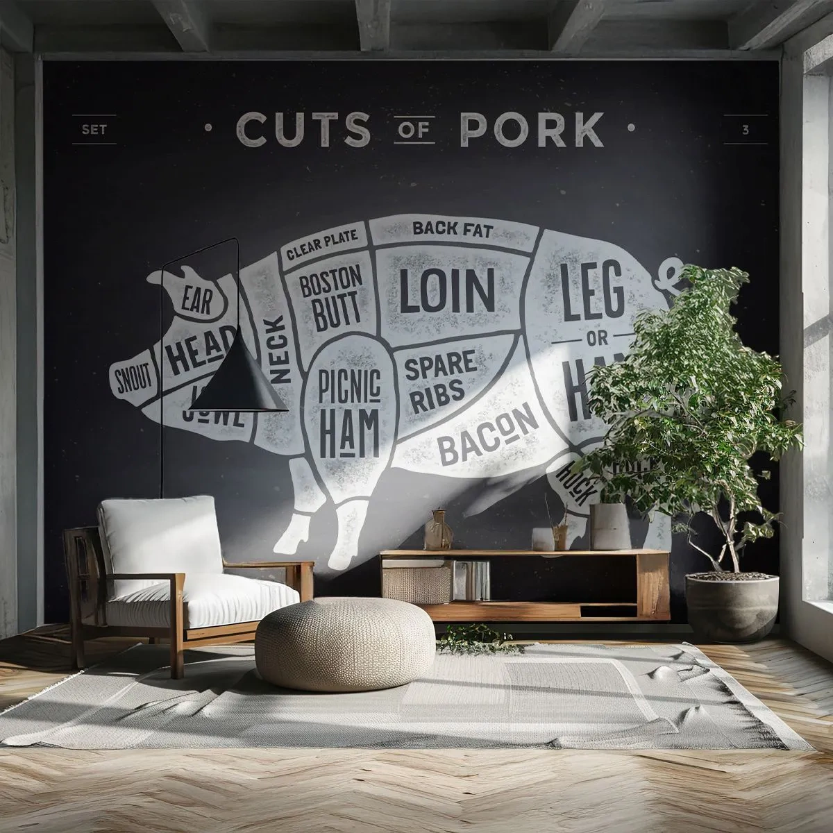 Öntapadós Fotótapéta Deluxe Sticker - Mészáros ábécéskönyve - Gasztronómia, Állati malac, Sertéshús - 250x175 cm