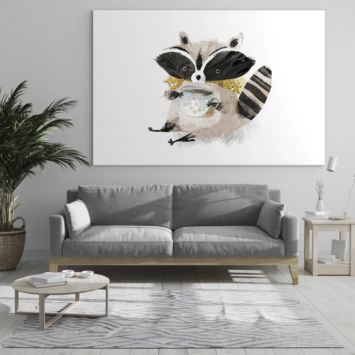 Üveg kép - Egy aranyos mosómedve egy csésze itallal a kezében - 70x50cm - A barátom a mosómedve - Modern fali dekoráció nappalihoz és hálószobához ARTTOR