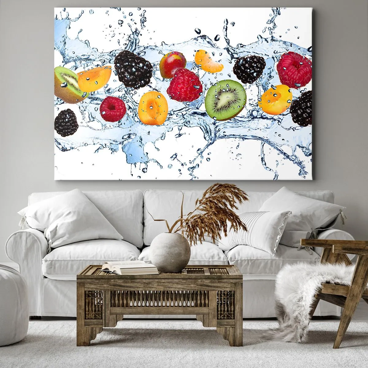 Vászonkép - Színes gyümölcsök, fehér alapon vízcseppekbe merítve - 70x50cm - Játsz velünk - Modern fali dekoráció nappalihoz és hálószobához ARTTOR
