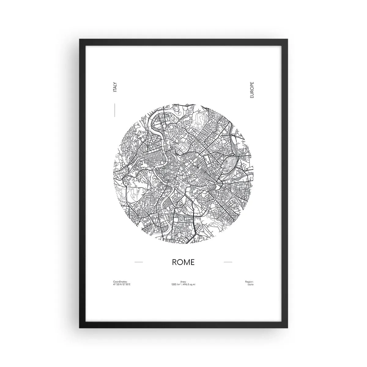 Poszter fehér keretben - Róma minimalista fekete-fehér térképe. - 50x70cm - Róma anatómiája - Modern fali dekoráció nappalihoz és hálószobához ARTTOR